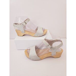 Gioseppo Wooden Clogs Sandals 36 6 Silver Glitter Open Toe Buckle Studded Shoes